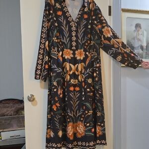 BloomChic Black Long Sleeve Floral Midi Dress with Orange and Green Motif